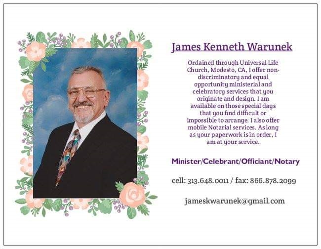 James K Warunek, Officiant/Celebrant/Minister/Notary